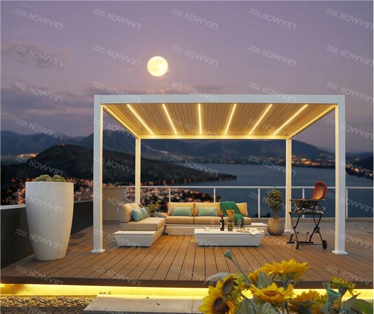 Howvin 전기 Pergola 커버 시스템 안뜰 빌라 알루미늄 합금 사용자 정의 가능 전기 루버 태양 방 정원 Pergola 야외 천막